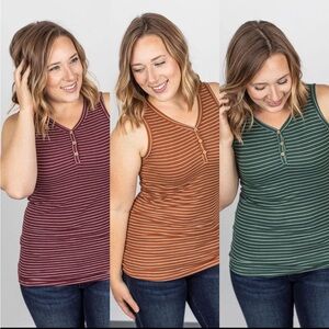 NWT. Michelle Mae Burgundy/Wine Striped Henley Tank
